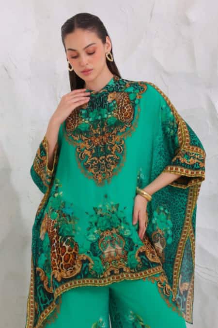 Shop_Zariaah_Green Viscose, Silk Crystals Button-down Wild Leopard Print Kaftan And Trouser Set _Online_at_Aza_Fashions