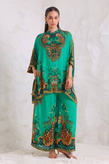 Zariaah_Green Viscose, Silk Crystals Button-down Wild Leopard Print Kaftan And Trouser Set _at_Aza_Fashions