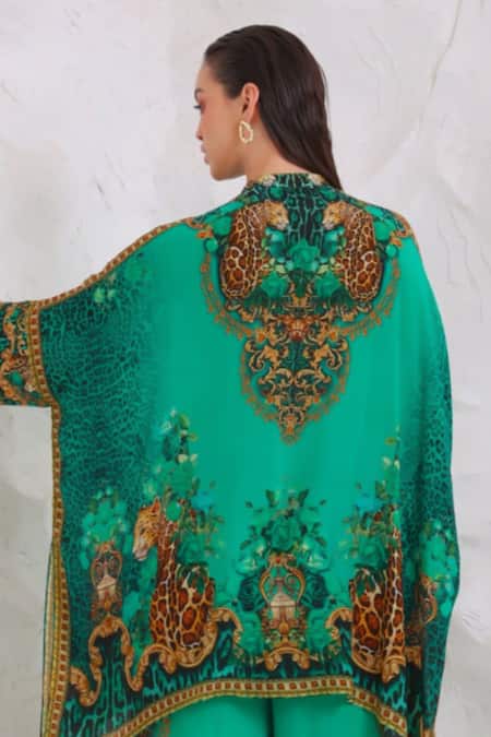 Buy_Zariaah_Green Viscose, Silk Crystals Button-down Wild Leopard Print Kaftan And Trouser Set 