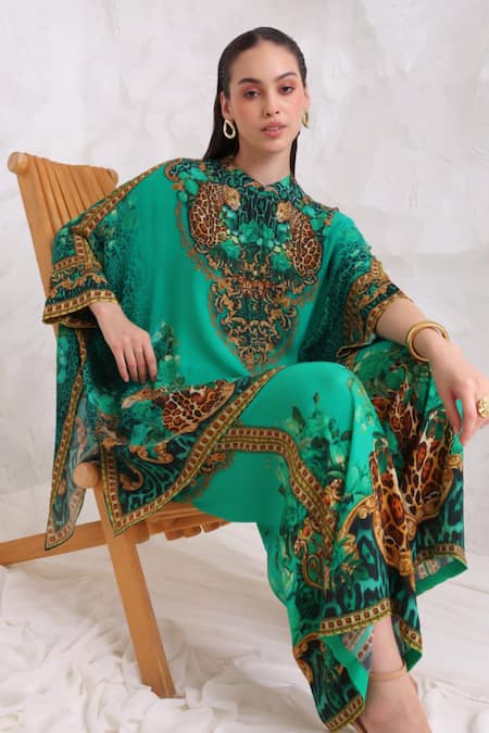 Shop_Zariaah_Green Viscose, Silk Crystals Button-down Wild Leopard Print Kaftan And Trouser Set 