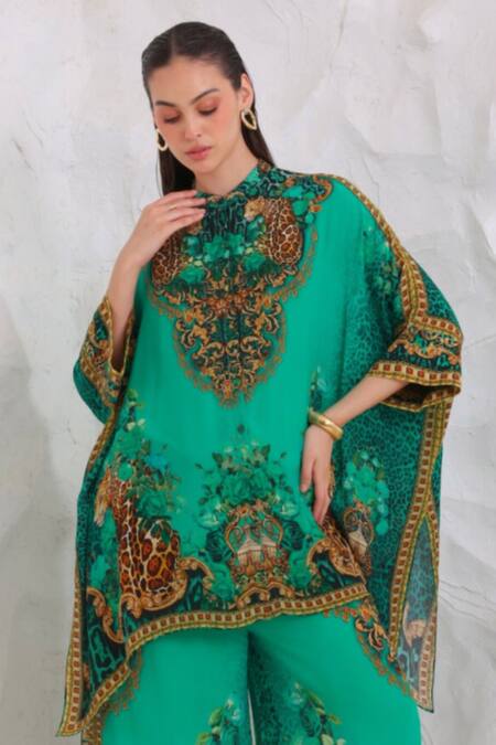 Zariaah_Green Viscose, Silk Crystals Button-down Neck Emerald Leopardess Kaftan Top _Online_at_Aza_Fashions