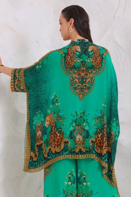 Shop_Zariaah_Green Viscose, Silk Crystals Button-down Neck Emerald Leopardess Kaftan Top _Online_at_Aza_Fashions