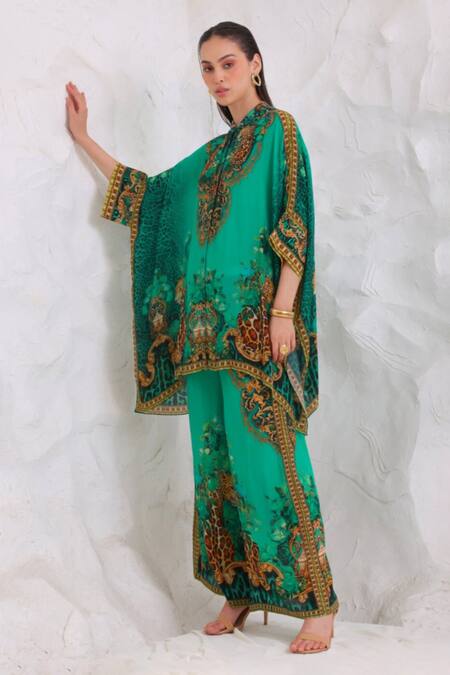 Zariaah_Green Viscose, Silk Emerald Leopardess Trousers _Online_at_Aza_Fashions