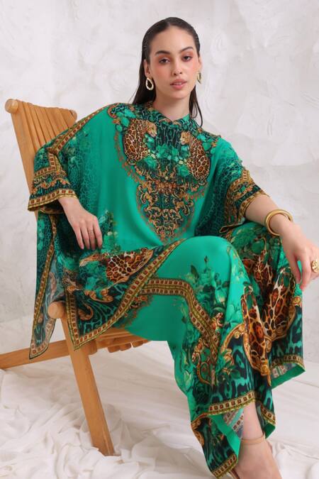 Shop_Zariaah_Green Viscose, Silk Emerald Leopardess Trousers _Online_at_Aza_Fashions