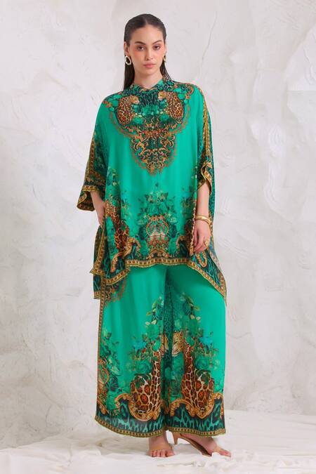 Zariaah_Green Viscose, Silk Emerald Leopardess Trousers _at_Aza_Fashions