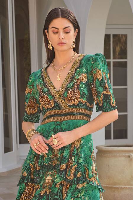 Zariaah Green Viscose, Silk Crystals V-neck Emerald Leopardess Cross Over Maxi Dress Online at Aza Fashions Zariaah_Green Viscose, Silk Crystals V-neck Emerald Leopardess Cross Over Maxi Dress _Online_at_Aza_Fashions
