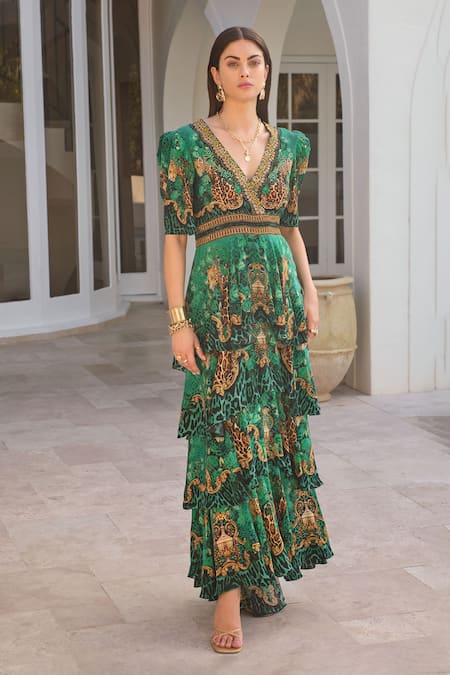 Buy Zariaah Green Viscose, Silk Crystals V-neck Emerald Leopardess Cross Over Maxi Dress Online at Aza Fashions Buy_Zariaah_Green Viscose, Silk Crystals V-neck Emerald Leopardess Cross Over Maxi Dress _Online_at_Aza_Fashions