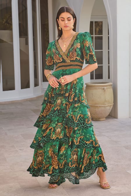 Zariaah Emerald Leopardess Cross Over Maxi Dress 