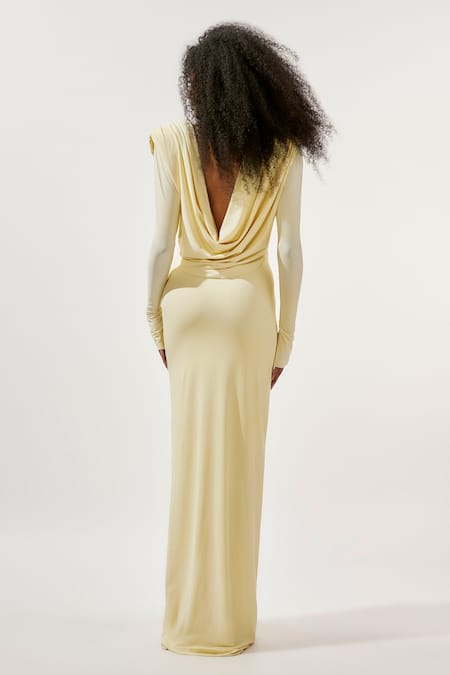 Shop_Deme By Gabriella_Yellow Lycra Cowl Neck Plunged Draped Gown _at_Aza_Fashions