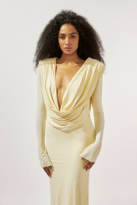 Deme By Gabriella_Yellow Lycra Cowl Neck Plunged Draped Gown _Online_at_Aza_Fashions