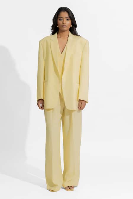 Deme By Gabriella Yellow Faux Leather V-neck Danielle Plain Blazer Pant Set