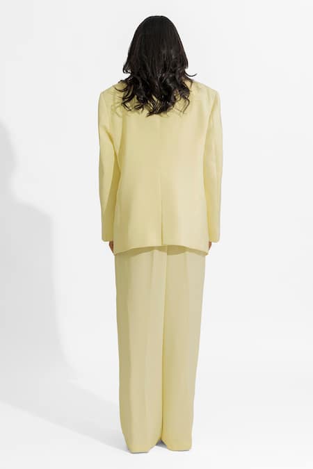 Shop Deme By Gabriella Yellow Faux Leather V-neck Danielle Plain Blazer Pant Set at Aza Fashions Shop_Deme By Gabriella_Yellow Faux Leather V-neck Danielle Plain Blazer Pant Set _at_Aza_Fashions