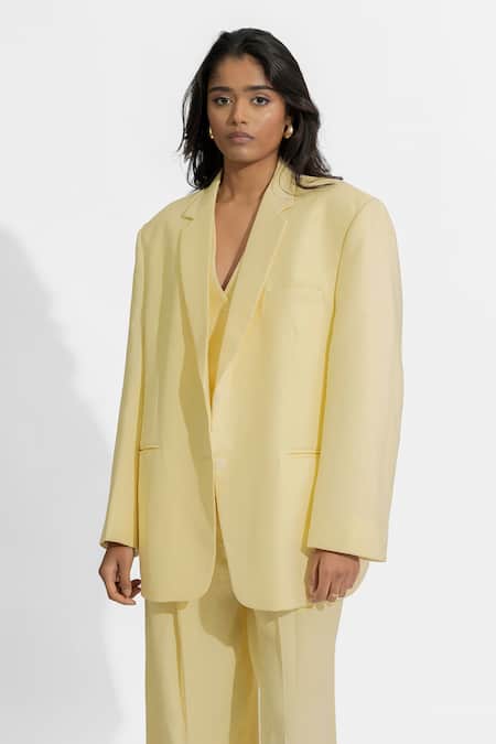 Deme By Gabriella Yellow Faux Leather V-neck Danielle Plain Blazer Pant Set Online at Aza Fashions Deme By Gabriella_Yellow Faux Leather V-neck Danielle Plain Blazer Pant Set _Online_at_Aza_Fashions