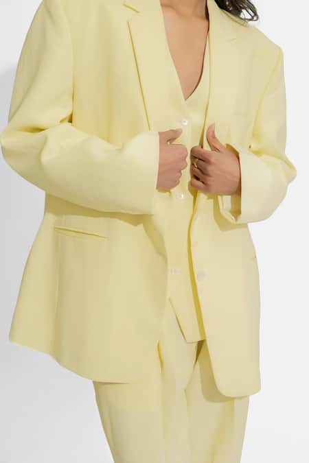 Buy Deme By Gabriella Yellow Faux Leather V-neck Danielle Plain Blazer Pant Set Online at Aza Fashions Buy_Deme By Gabriella_Yellow Faux Leather V-neck Danielle Plain Blazer Pant Set _Online_at_Aza_Fashions