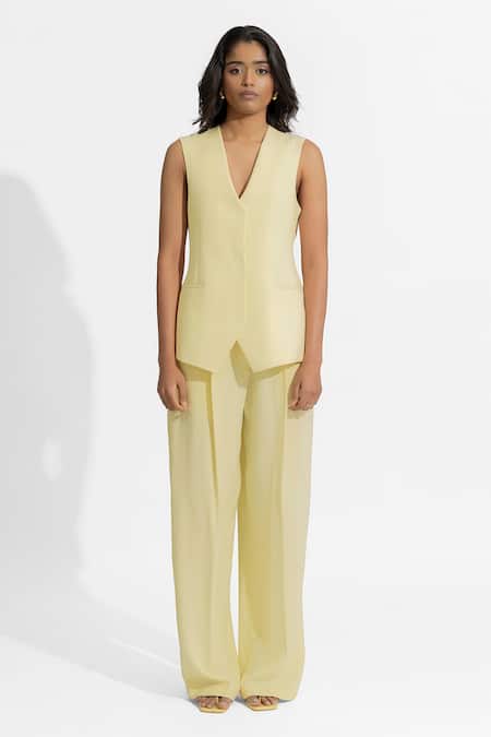 Shop Deme By Gabriella Yellow Faux Leather V-neck Danielle Plain Blazer Pant Set Online at Aza Fashions Shop_Deme By Gabriella_Yellow Faux Leather V-neck Danielle Plain Blazer Pant Set _Online_at_Aza_Fashions
