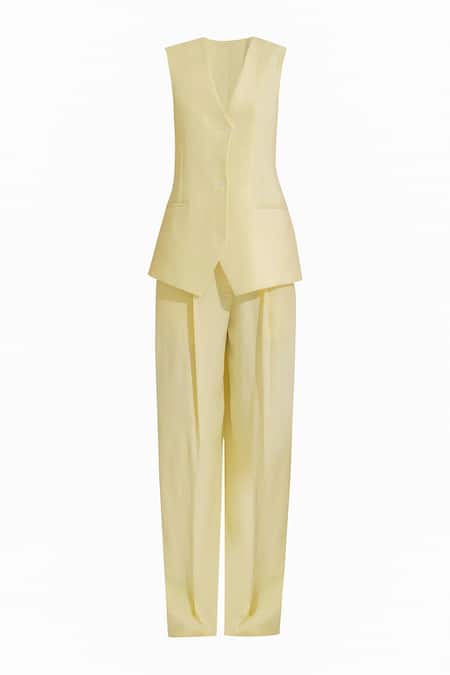 Deme By Gabriella Yellow Faux Leather V-neck Danielle Plain Blazer Pant Set at Aza Fashions Deme By Gabriella_Yellow Faux Leather V-neck Danielle Plain Blazer Pant Set _at_Aza_Fashions