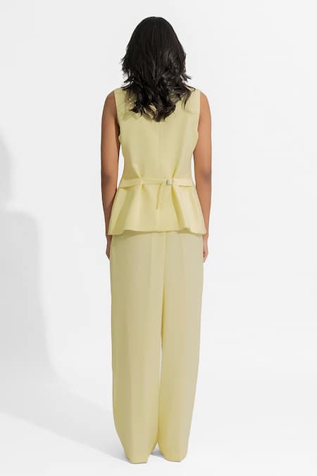 Buy Deme By Gabriella Yellow Faux Leather V-neck Danielle Plain Blazer Pant Set Buy_Deme By Gabriella_Yellow Faux Leather V-neck Danielle Plain Blazer Pant Set
