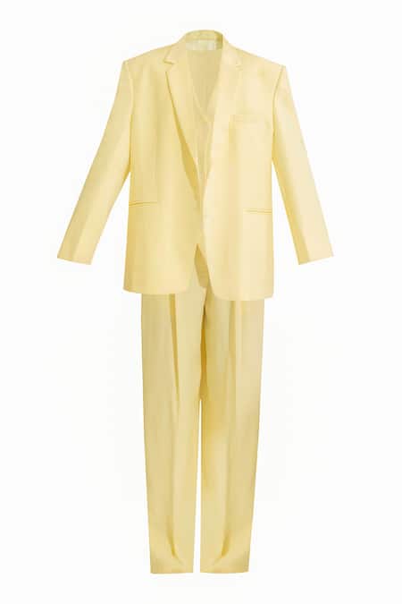 Shop Deme By Gabriella Yellow Faux Leather V-neck Danielle Plain Blazer Pant Set Shop_Deme By Gabriella_Yellow Faux Leather V-neck Danielle Plain Blazer Pant Set