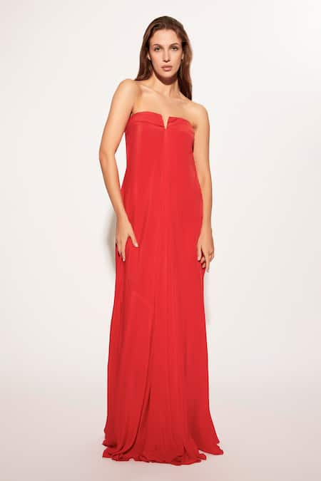 Deme By Gabriella Red Crepe Split V-neck Tube Maxi Dress 