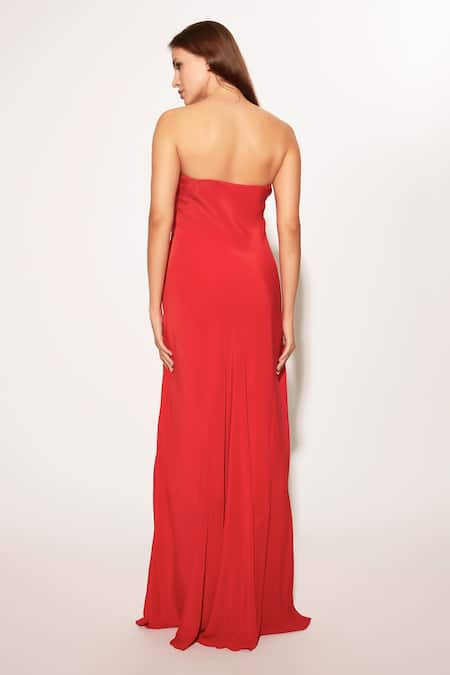 Shop Deme By Gabriella Red Crepe Split V-neck Tube Maxi Dress at Aza Fashions Shop_Deme By Gabriella_Red Crepe Split V-neck Tube Maxi Dress _at_Aza_Fashions