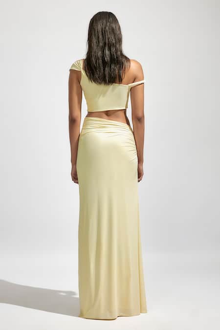 Shop_Deme By Gabriella_Yellow Lycra One Shoulder Solid Draped Crop Top With Ruched Long Skirt _at_Aza_Fashions