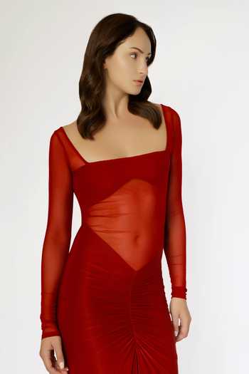 Deme By Gabriella_Red Net, Lycra Square Neck Ruched Solid Dress_Online_at_Aza_Fashions