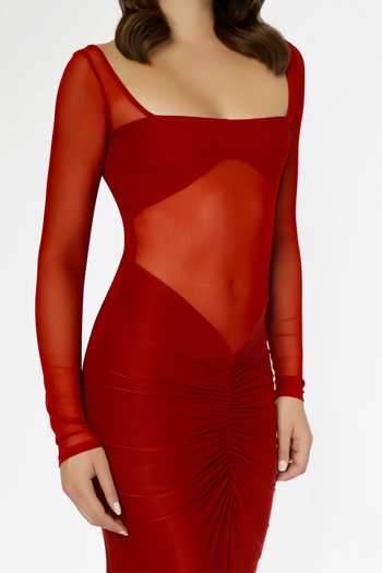 Buy_Deme By Gabriella_Red Net, Lycra Square Neck Ruched Solid Dress_Online_at_Aza_Fashions