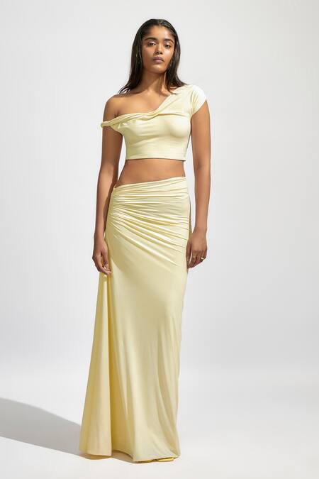 Deme By Gabriella_Yellow Lycra One Shoulder Solid Draped Crop Top With Ruched Long Skirt _Online_at_Aza_Fashions