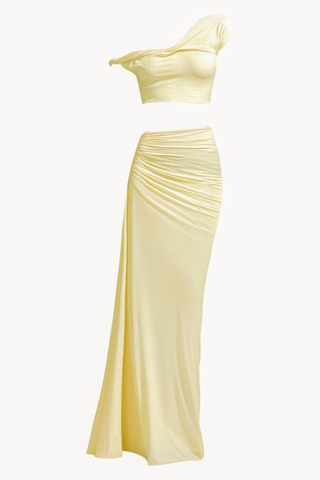 Buy_Deme By Gabriella_Yellow Lycra One Shoulder Solid Draped Crop Top With Ruched Long Skirt _Online_at_Aza_Fashions