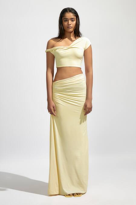 Shop_Deme By Gabriella_Yellow Lycra One Shoulder Solid Draped Crop Top With Ruched Long Skirt _Online_at_Aza_Fashions