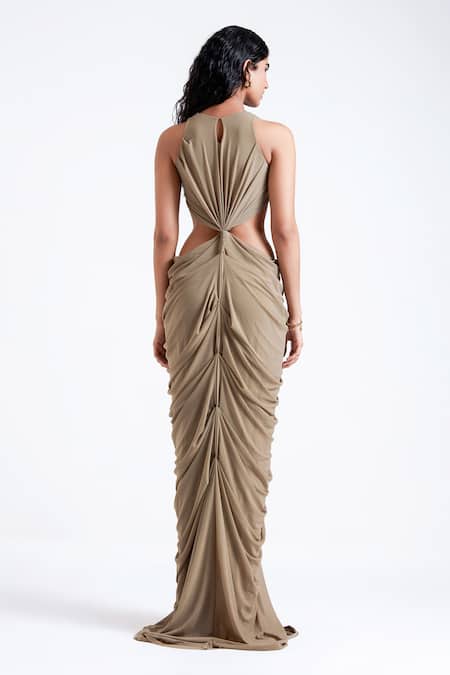 Shop Deme By Gabriella Grey Net, Maheshwari Cowl Neck Krysta Waist Cut-out Gown at Aza Fashions Shop_Deme By Gabriella_Grey Net, Maheshwari Cowl Neck Krysta Waist Cut-out Gown _at_Aza_Fashions