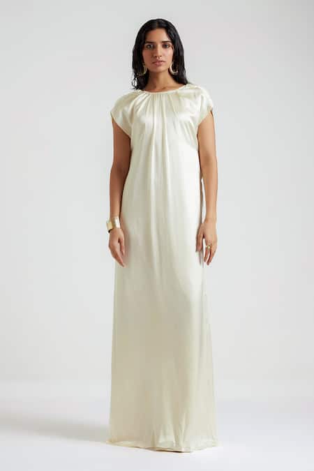 Deme By Gabriella Off White Satin Round Neck Lea Cowl Back Gown 