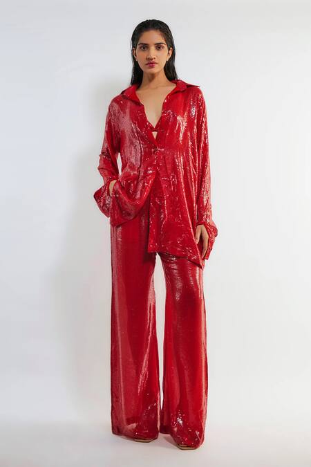 Deme By Gabriella Red Crepe Sequins Collared Tracy Shirt And Pant Set Online at Aza Fashions Deme By Gabriella_Red Crepe Sequins Collared Tracy Shirt And Pant Set _Online_at_Aza_Fashions