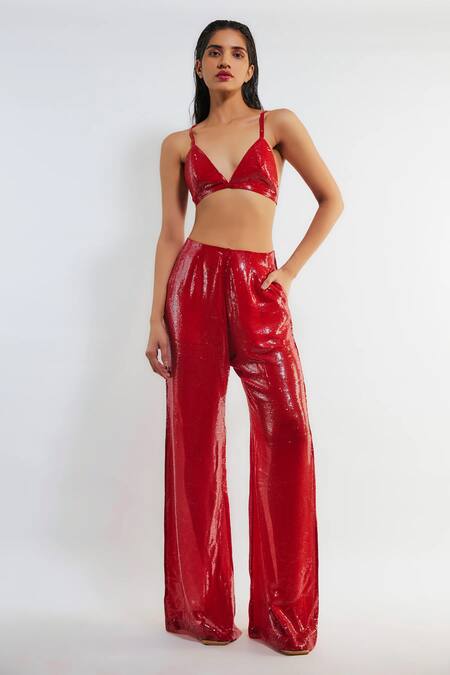 Deme By Gabriella Red Crepe Sequins Collared Tracy Shirt And Pant Set at Aza Fashions Deme By Gabriella_Red Crepe Sequins Collared Tracy Shirt And Pant Set _at_Aza_Fashions