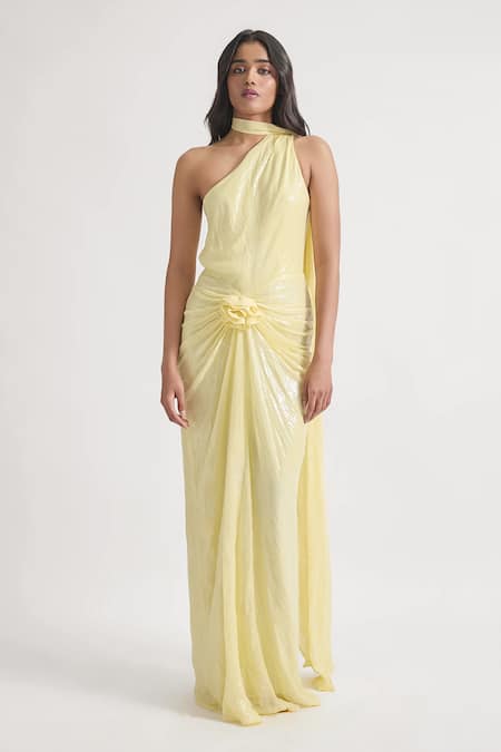 Deme By Gabriella Yellow Silk Sequins One Shoulder Lidia Embroidered Dress