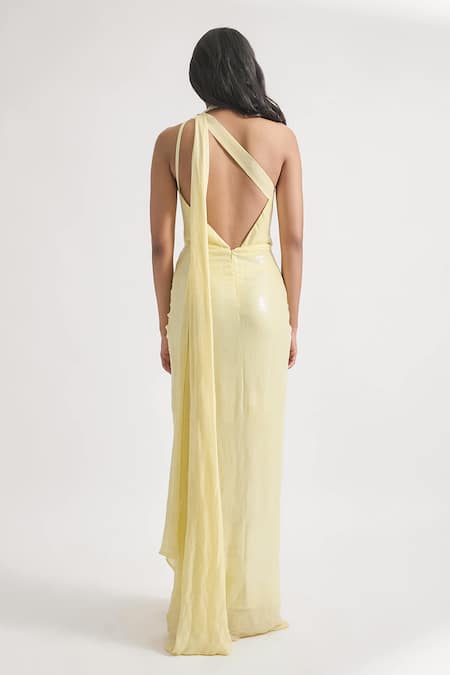 Shop Deme By Gabriella Yellow Silk Sequins One Shoulder Lidia Embroidered Dress at Aza Fashions Shop_Deme By Gabriella_Yellow Silk Sequins One Shoulder Lidia Embroidered Dress _at_Aza_Fashions