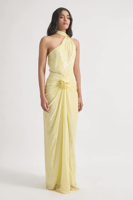 Deme By Gabriella Yellow Silk Sequins One Shoulder Lidia Embroidered Dress Online at Aza Fashions Deme By Gabriella_Yellow Silk Sequins One Shoulder Lidia Embroidered Dress _Online_at_Aza_Fashions