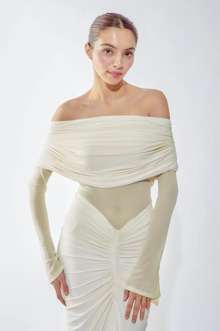 Shop_Deme By Gabriella_Off White Net, Lycra Off-shoulder Draped Bodice Gathered Waist Gown _Online_at_Aza_Fashions