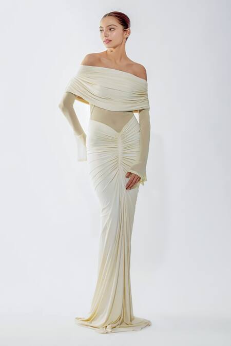 Buy_Deme By Gabriella_Off White Net, Lycra Off-shoulder Draped Bodice Gathered Waist Gown 