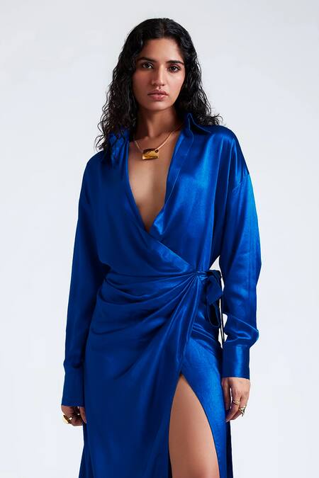 Deme By Gabriella_Blue Satin Collared Edith Thigh Slit Gown _Online_at_Aza_Fashions