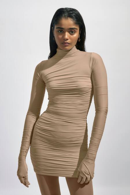 Shop Deme By Gabriella Grey Net, Lycra High Neck Solid Ruched Draped Bodycon Dress With Mesh Stockings Online at Aza Fashions Shop_Deme By Gabriella_Grey Net, Lycra High Neck Solid Ruched Draped Bodycon Dress With Mesh Stockings _Online_at_Aza_Fashions