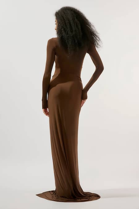 Deme By Gabriella_Brown Lycra Buckles Asymmetric Draped Ruched Gown _Online_at_Aza_Fashions
