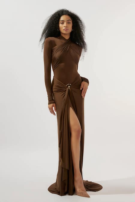 Buy_Deme By Gabriella_Brown Lycra Buckles Asymmetric Draped Ruched Gown _Online_at_Aza_Fashions