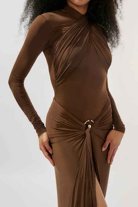 Shop_Deme By Gabriella_Brown Lycra Buckles Asymmetric Draped Ruched Gown _Online_at_Aza_Fashions