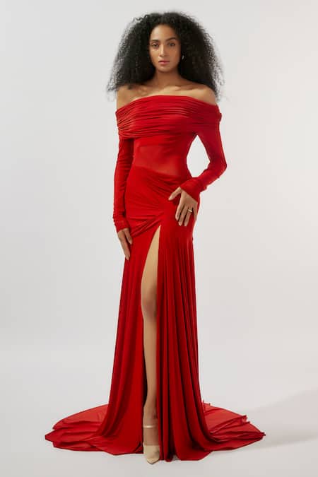 Deme By Gabriella Maroon Net, Lycra Off-shoulder Draped Off High Slit Gown 