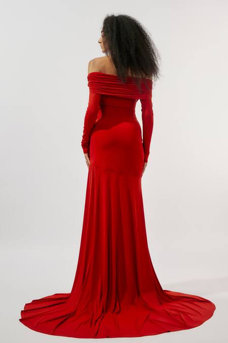 Deme By Gabriella Maroon Net, Lycra Off-shoulder Draped Off High Slit Gown Online at Aza Fashions Deme By Gabriella_Maroon Net, Lycra Off-shoulder Draped Off High Slit Gown _Online_at_Aza_Fashions