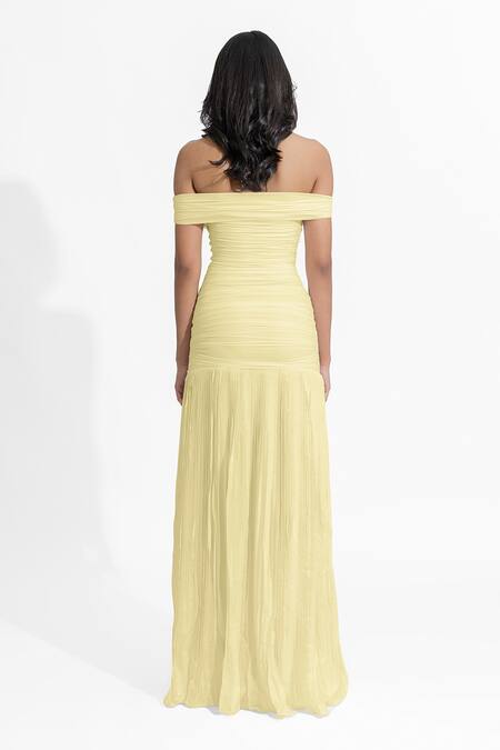 Shop Deme By Gabriella White Crepe, Lycra Off-shoulder Maria Pleated Mermaid Dress at Aza Fashions Shop_Deme By Gabriella_White Crepe, Lycra Off-shoulder Maria Pleated Mermaid Dress _at_Aza_Fashions