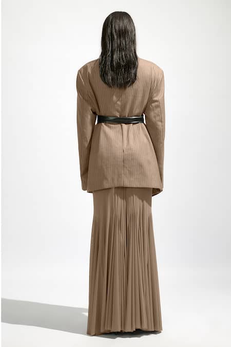 Deme By Gabriella Grey Net Striped Print Oversized Blazer And Flared Pant Set Online at Aza Fashions Deme By Gabriella_Grey Net Striped Print Oversized Blazer And Flared Pant Set _Online_at_Aza_Fashions