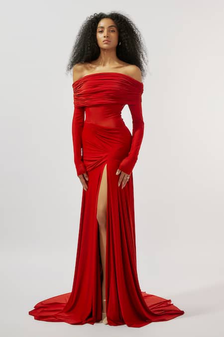 Deme By Gabriella Maroon Net, Lycra Off-shoulder Draped Off High Slit Gown at Aza Fashions Deme By Gabriella_Maroon Net, Lycra Off-shoulder Draped Off High Slit Gown _at_Aza_Fashions