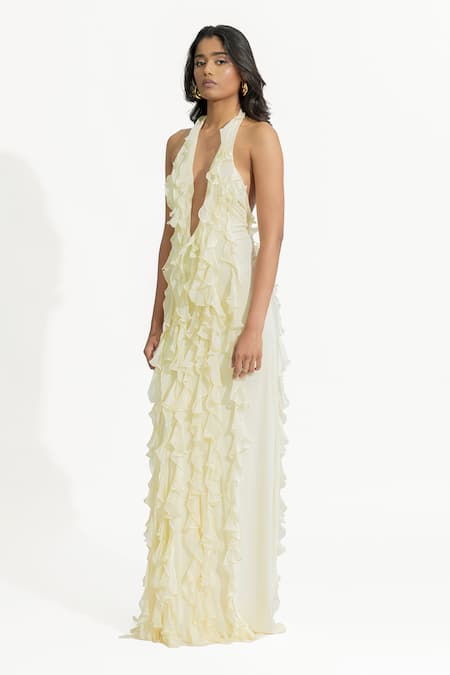 Buy Deme By Gabriella Off White Net, Chiffon, Lycra Ruffles Halter Neck Ela Dress Online at Aza Fashions Buy_Deme By Gabriella_Off White Net, Chiffon, Lycra Ruffles Halter Neck Ela Dress _Online_at_Aza_Fashions